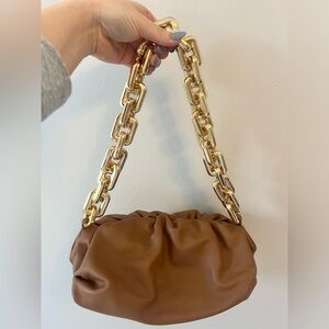 Camal Brown Leather Bag With Gold Chain